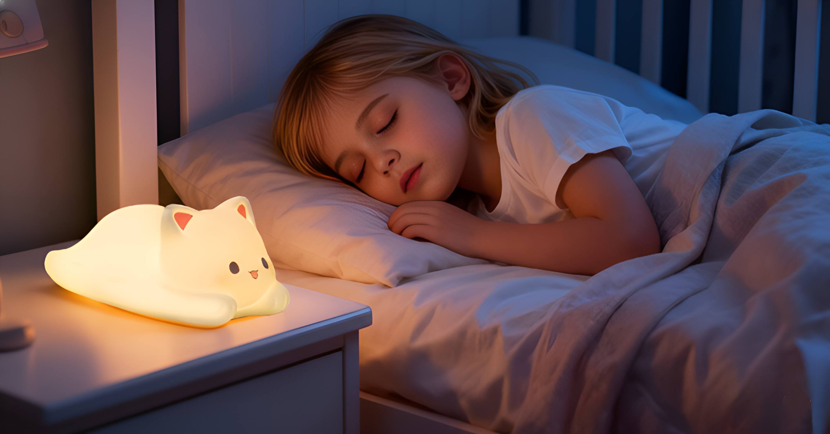 Child sleeping in bed with a glowing night light on a nightstand.