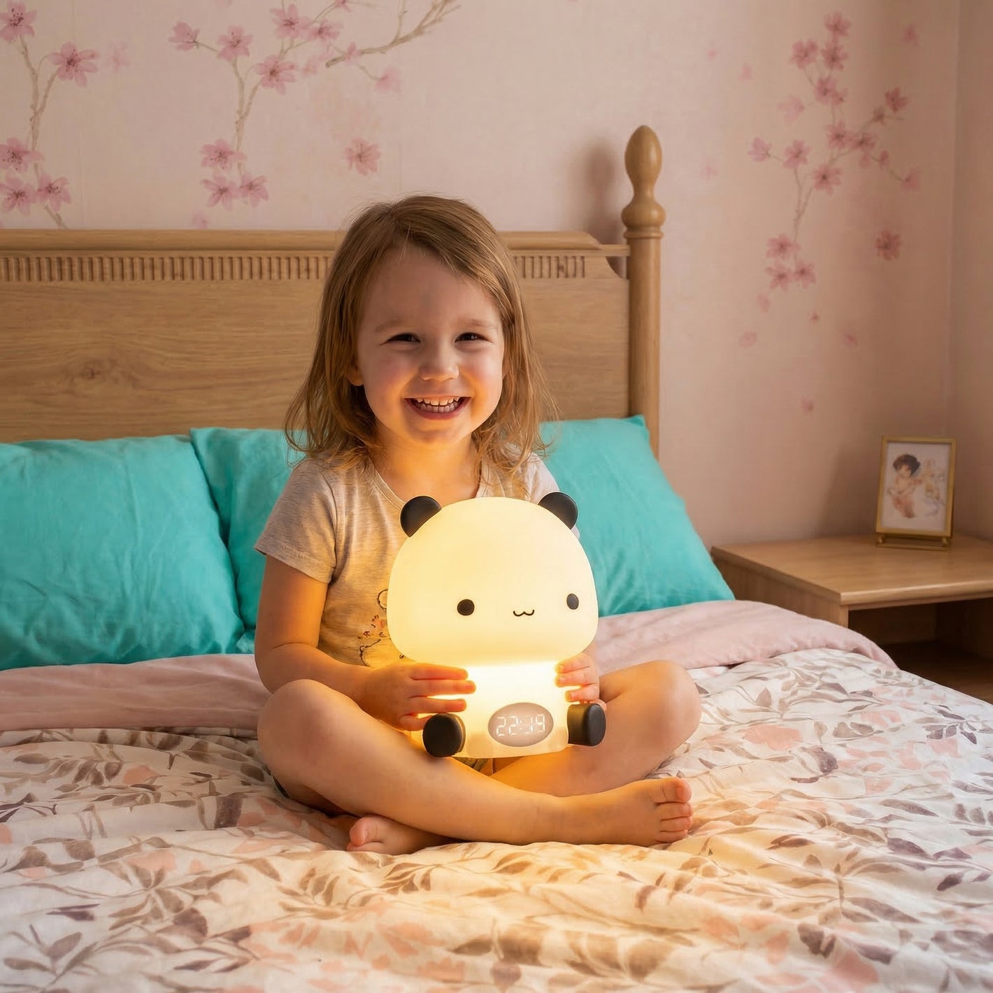 Child holding soft animal night light for kids bedtime comfort
