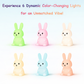 Set of six colorful rabbit-shaped lights on a white background with text about dynamic color-changing lights.