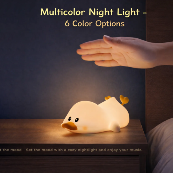 Rechargeable silicone duck night light for babies and toddlers with soft warm glow and cute design